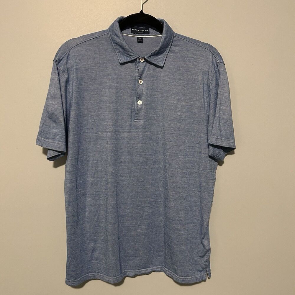 Peter Millar Mens Polo Shirt Size Medium Blue Striped Collared Short Sleeve